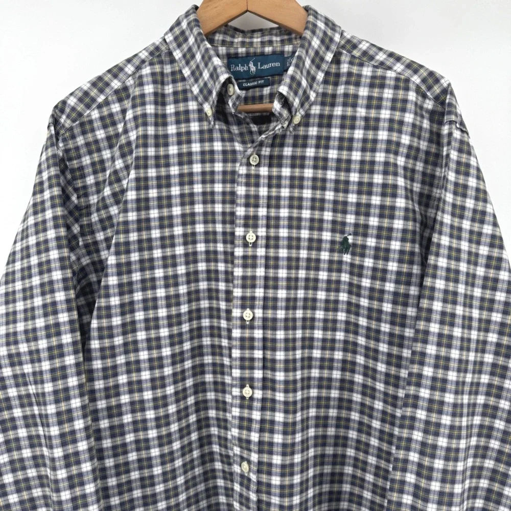 Ralph Lauren Classic Fit Mens XL Plaid Button Down‎ Shirt Navy White Yellow Pony